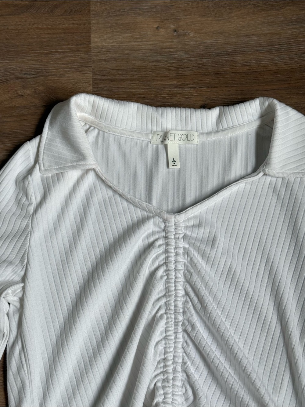 Ruched Drawstring Ribbed Long-Sleeve Top - White - Picture 2 of 2